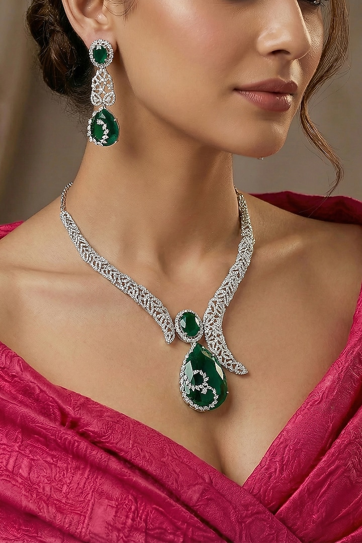 White Rhodium Finish Zircon & Emerald Stone Necklace Set by Prihan Luxury Jewelry at Pernia's Pop Up Shop