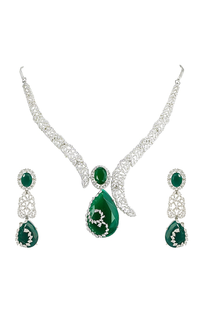 White Rhodium Finish Zircon & Emerald Stone Necklace Set by Prihan Luxury Jewelry at Pernia's Pop Up Shop