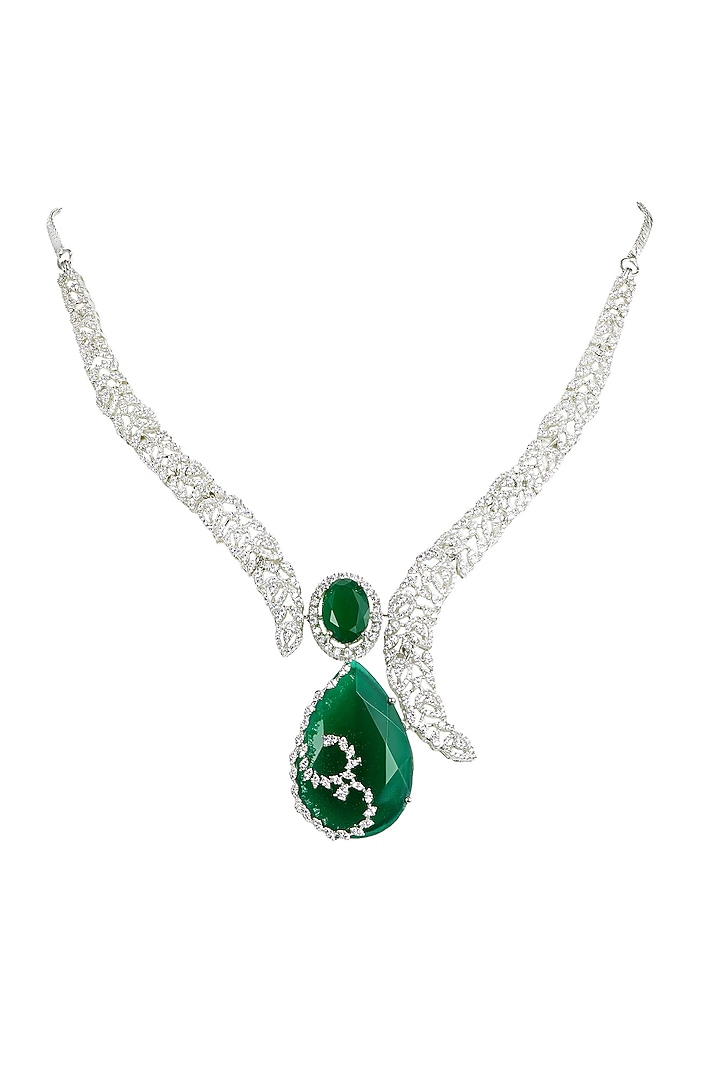 White Rhodium Finish Zircon & Emerald Stone Necklace Set by Prihan Luxury Jewelry at Pernia's Pop Up Shop