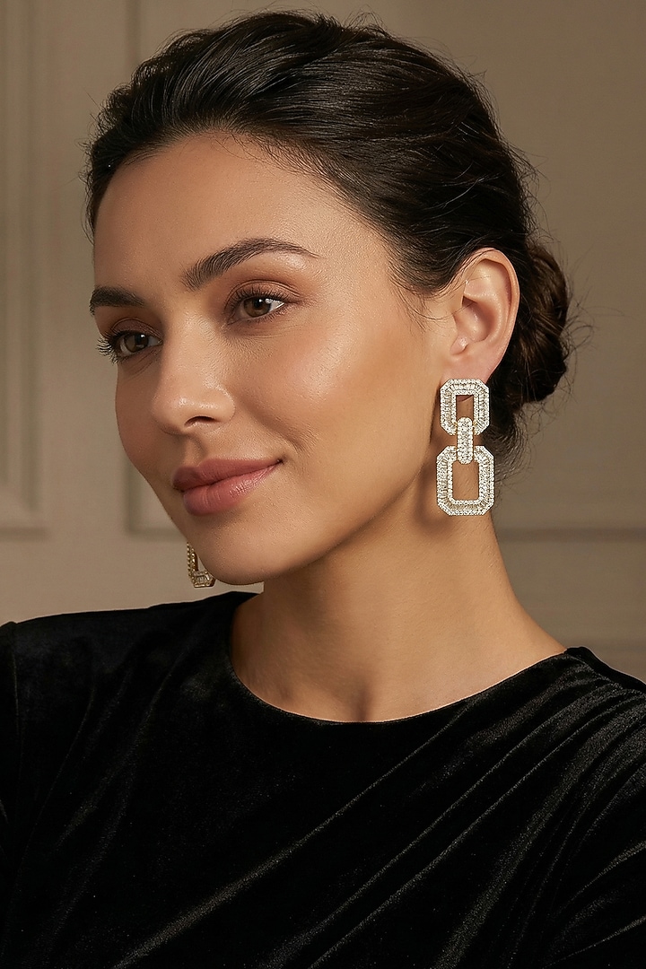 White Rhodium Finish Zircon Statement Earrings by Prihan Luxury Jewelry at Pernia's Pop Up Shop