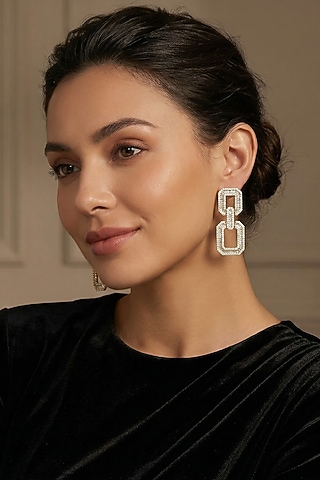 White Rhodium Finish Zircon Statement Earrings by Prihan Luxury Jewelry
