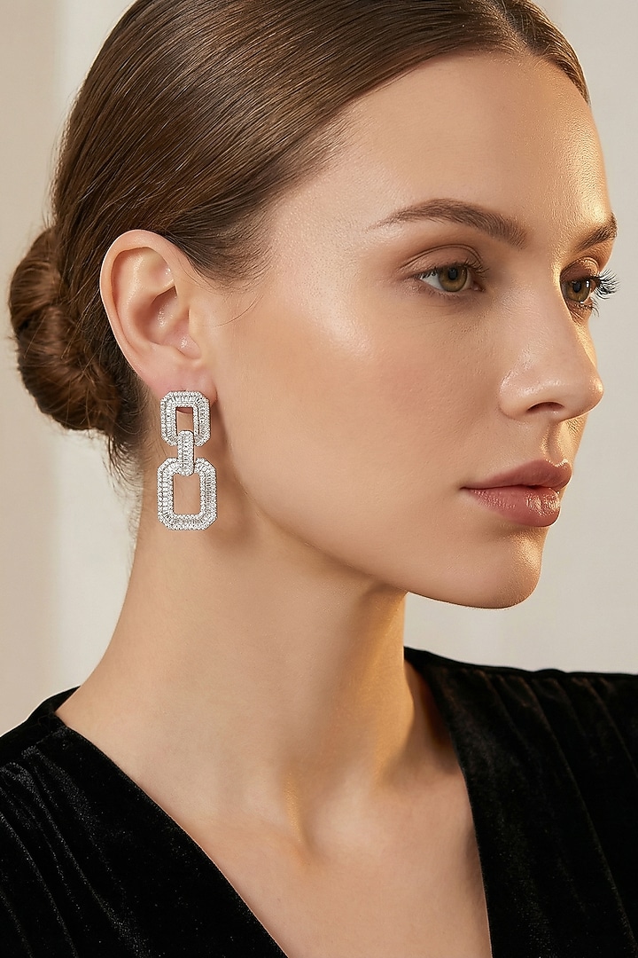 Silver Finish Zircon Statement Earrings by Prihan Luxury Jewelry at Pernia's Pop Up Shop