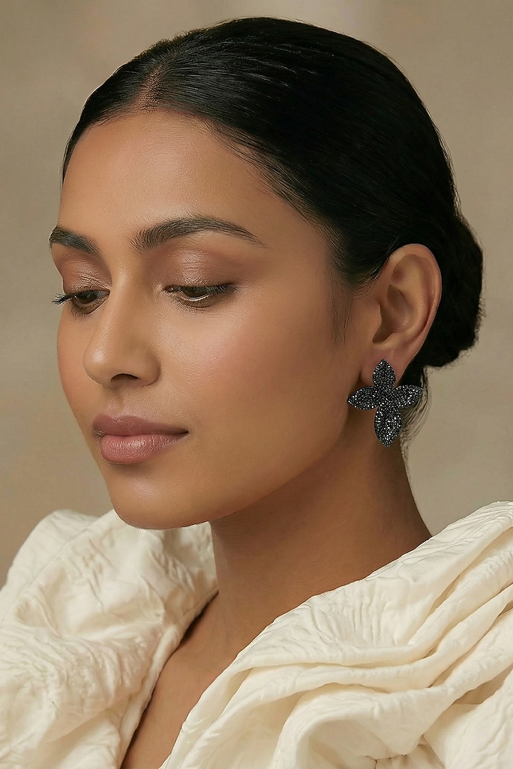 Black Rhodium Finish Zircon Floral Stud Earrings by Prihan Luxury Jewelry at Pernia's Pop Up Shop