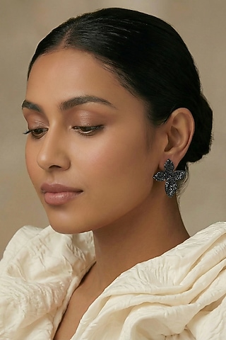 Black Rhodium Finish Zircon Floral Stud Earrings by Prihan Luxury Jewelry
