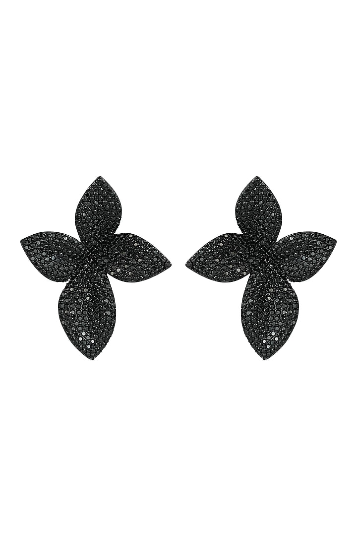 Black Rhodium Finish Zircon Floral Stud Earrings by Prihan Luxury Jewelry at Pernia's Pop Up Shop