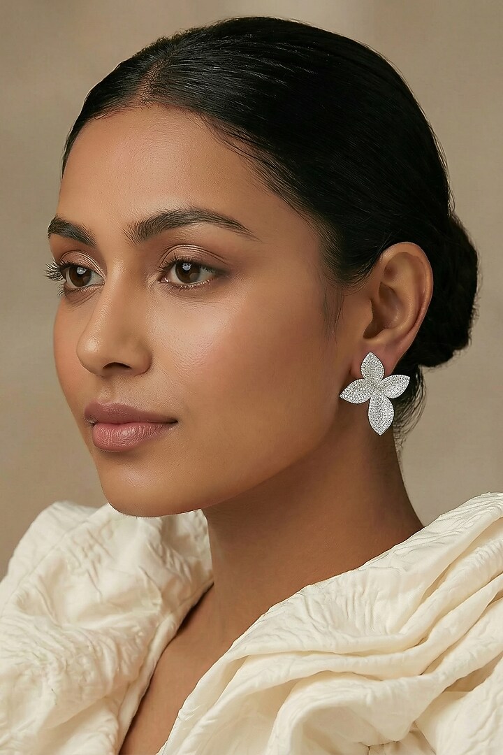Silver Finish Zircon Floral Stud Earrings by Prihan Luxury Jewelry at Pernia's Pop Up Shop
