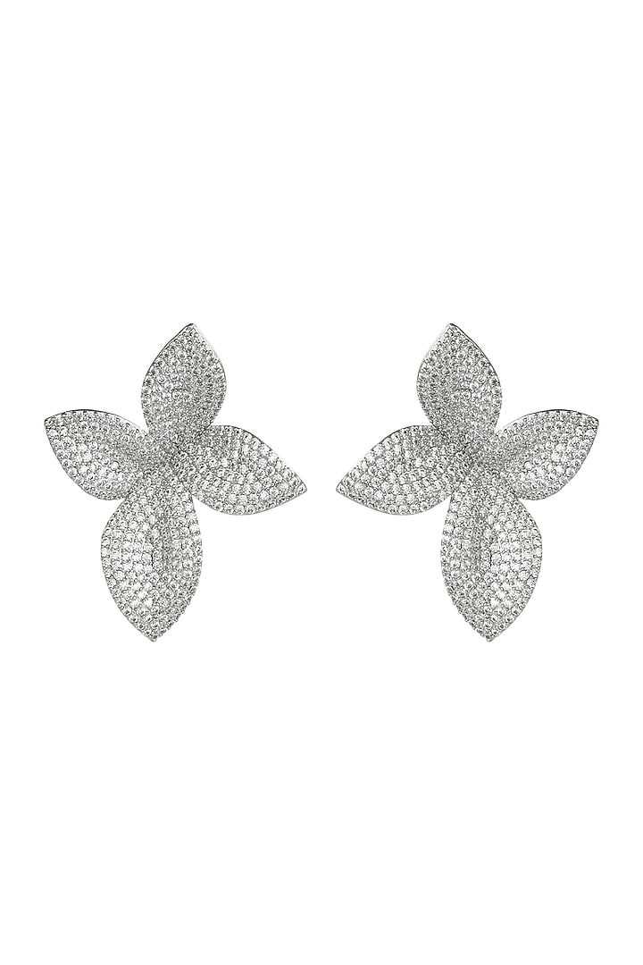 Silver Finish Zircon Floral Stud Earrings by Prihan Luxury Jewelry at Pernia's Pop Up Shop