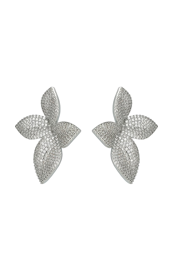 Silver Finish Zircon Floral Stud Earrings by Prihan Luxury Jewelry at Pernia's Pop Up Shop