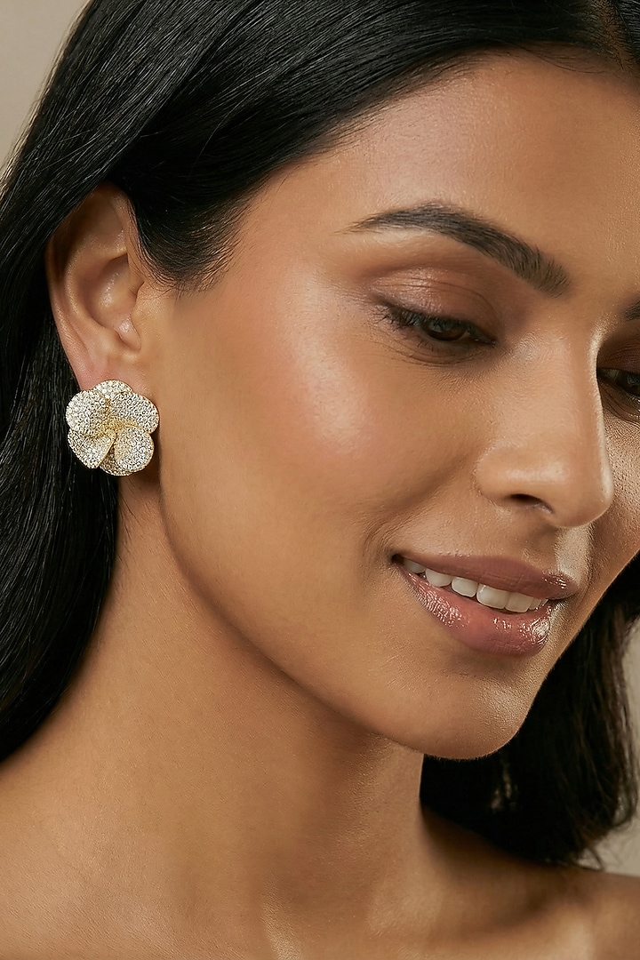 Gold Finish Zircon Floral Stud Earrings by Prihan Luxury Jewelry at Pernia's Pop Up Shop