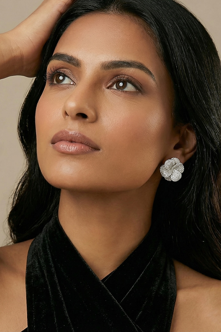 Silver Finish Zircon Floral Stud Earrings by Prihan Luxury Jewelry at Pernia's Pop Up Shop
