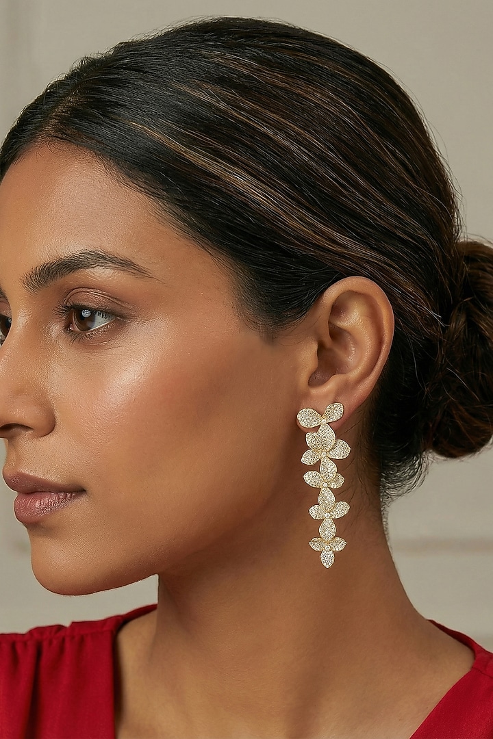 Gold Finish Zircon Floral Dangler Earrings by Prihan Luxury Jewelry at Pernia's Pop Up Shop