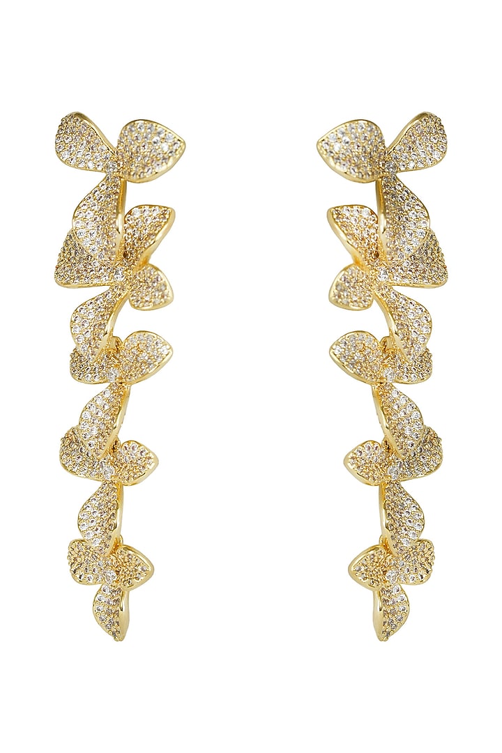 Gold Finish Zircon Floral Dangler Earrings by Prihan Luxury Jewelry at Pernia's Pop Up Shop