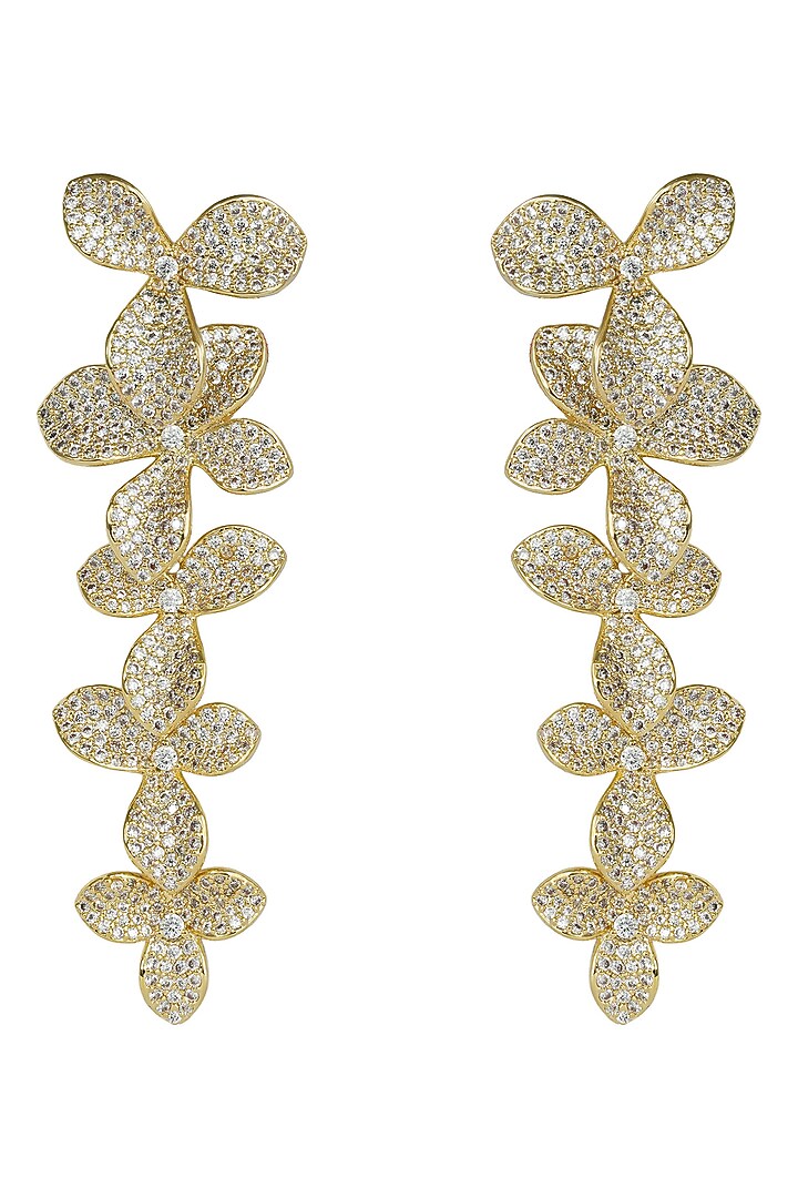 Gold Finish Zircon Floral Dangler Earrings by Prihan Luxury Jewelry at Pernia's Pop Up Shop