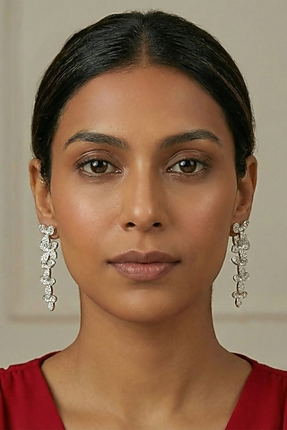 Silver Finish Zircon Floral Dangler Earrings by Prihan Luxury Jewelry
