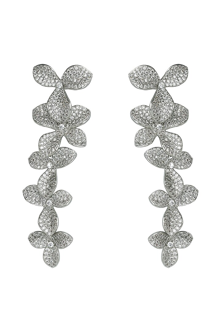 Silver Finish Zircon Floral Dangler Earrings by Prihan Luxury Jewelry at Pernia's Pop Up Shop