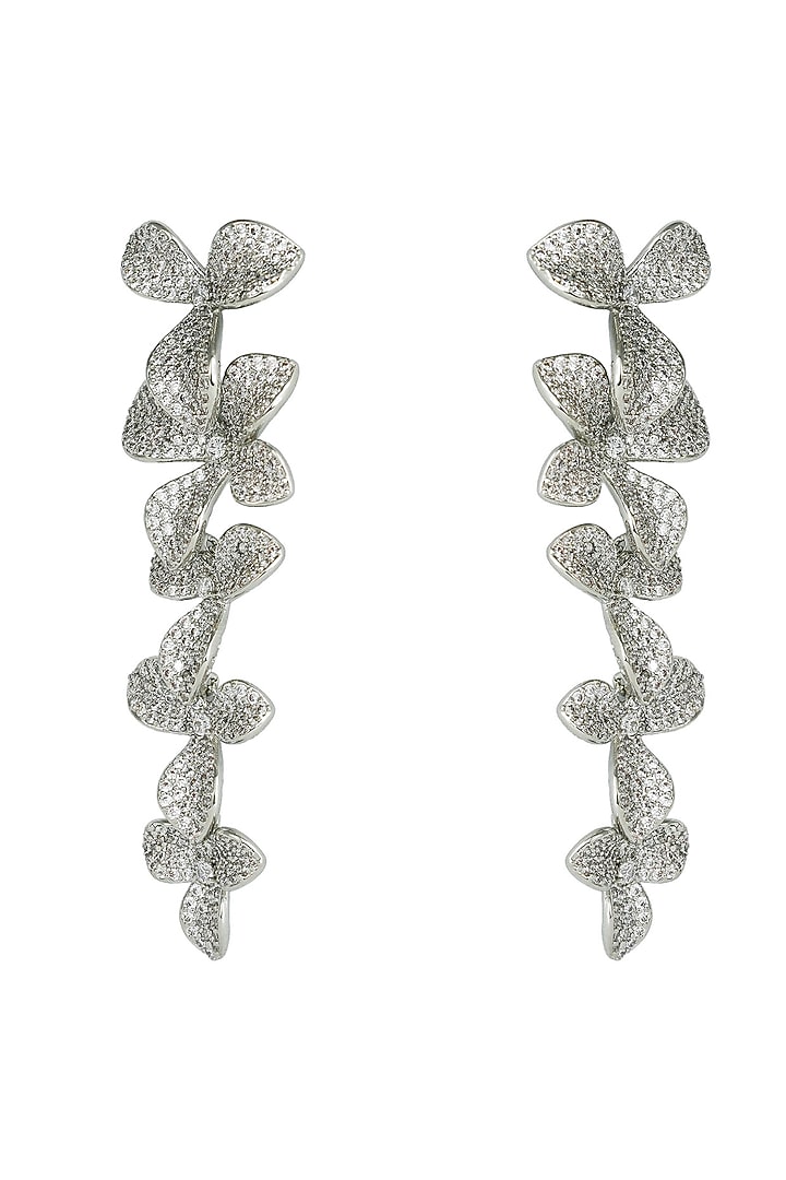 Silver Finish Zircon Floral Dangler Earrings by Prihan Luxury Jewelry at Pernia's Pop Up Shop