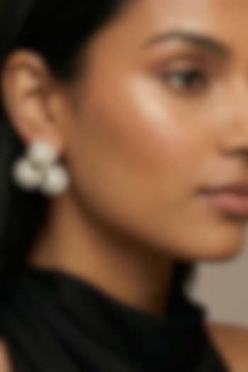 Gold Finish Zircon & Pearl Stud Earrings by Prihan Luxury Jewelry at Pernia's Pop Up Shop