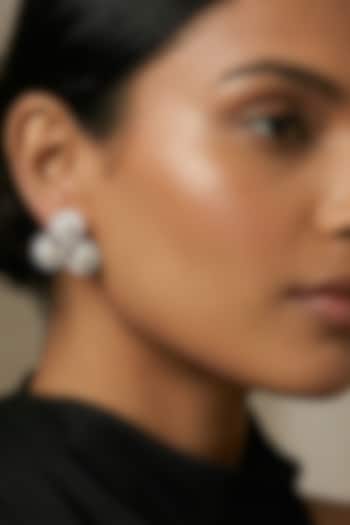 Silver Finish Zircon & Pearl Stud Earrings by Prihan Luxury Jewelry at Pernia's Pop Up Shop