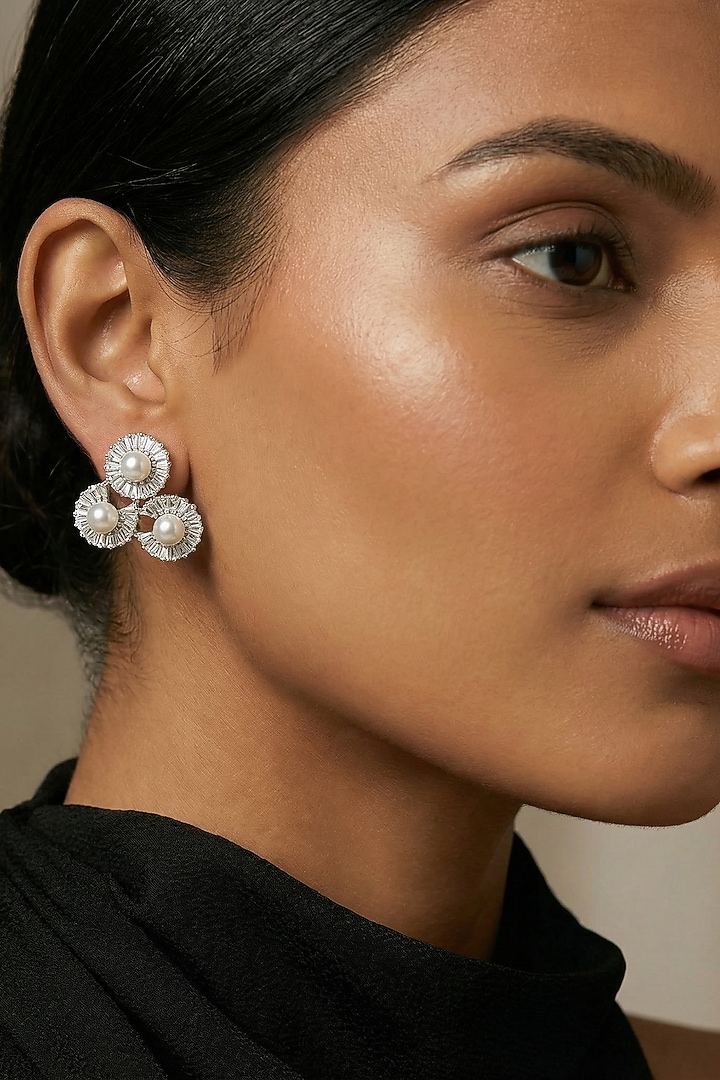 Silver Finish Zircon & Pearl Stud Earrings by Prihan Luxury Jewelry at Pernia's Pop Up Shop