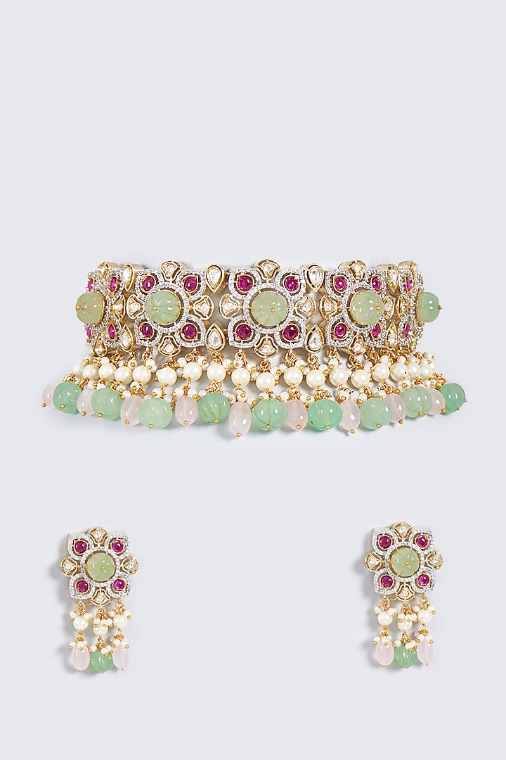 Gold Finish Meenakari Choker Necklace Set by Prihan Luxury Jewelry