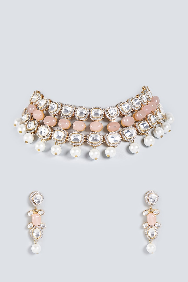 Gold Plated Kundan Polki Choker Necklace Set by Prihan Luxury Jewelry