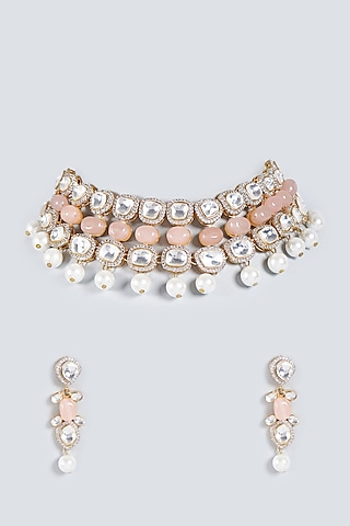 Gold Plated Kundan Polki Choker Necklace Set by Prihan Luxury Jewelry