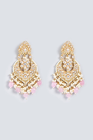 Gold Plated Kundan Polki Chandbali Earrings by Prihan Luxury Jewelry