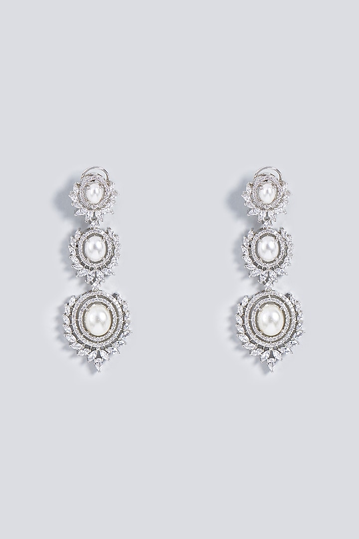 White Rhodium Finish Zircons & Pearl Dangler Earrings by Prihan Luxury Jewelry