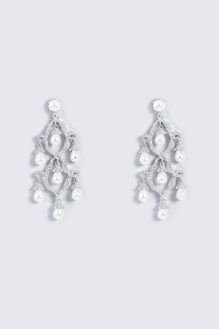 White Rhodium Finish Pearl Dangler Earrings by Prihan Luxury Jewelry at Pernia's Pop Up Shop