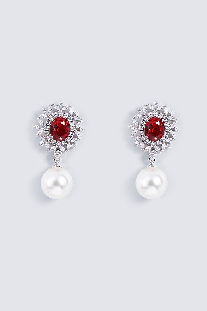 White Rhodium Finish Ruby Stone Stud Earrings by Prihan Luxury Jewelry at Pernia's Pop Up Shop