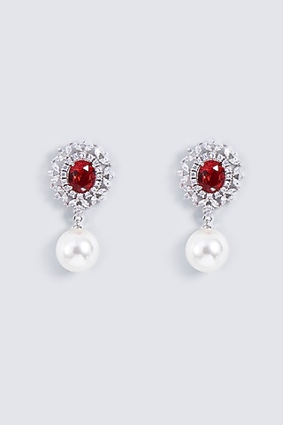 White Rhodium Finish Ruby Stone Stud Earrings by Prihan Luxury Jewelry