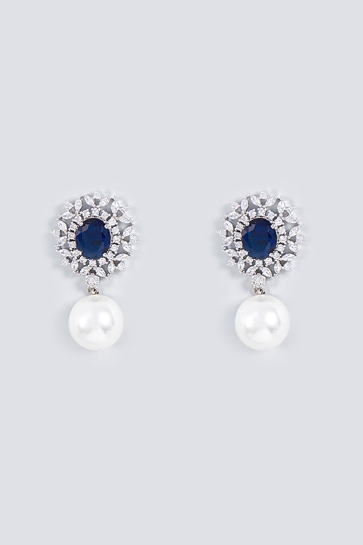 White Rhodium Finish Sapphire Stone Stud Earrings by Prihan Luxury Jewelry