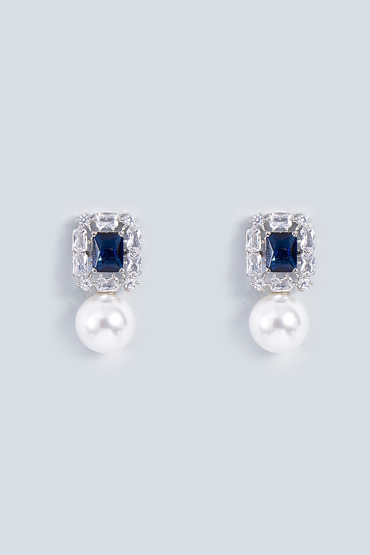 White Rhodium Finish Sapphire Stud Earrings by Prihan Luxury Jewelry