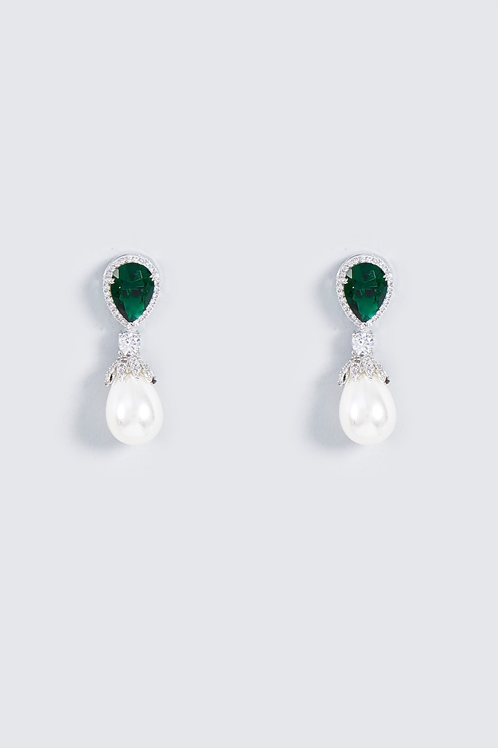 White Rhodium Finish Emerald Stone Earrings by Prihan Luxury Jewelry