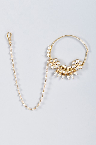 Gold Plated Kundan Polki & Shell Pearl Nose Ring by Prihan Luxury Jewelry