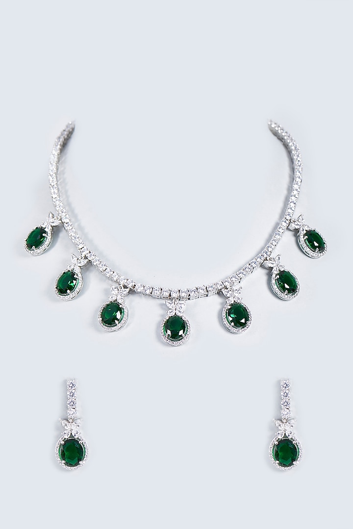 White Finish Zircon Emerald Stone Necklace Set by Prihan Luxury Jewelry