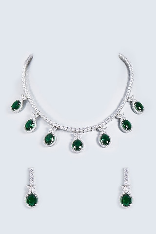White Finish Zircon Emerald Stone Necklace Set by Prihan Luxury Jewelry