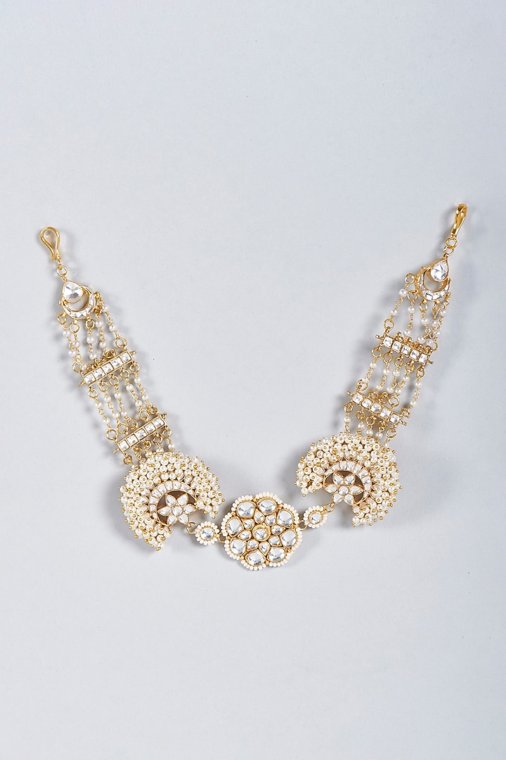 Gold Finish Pachi Kundan Polki Matha Patti by Prihan Luxury Jewelry at Pernia's Pop Up Shop
