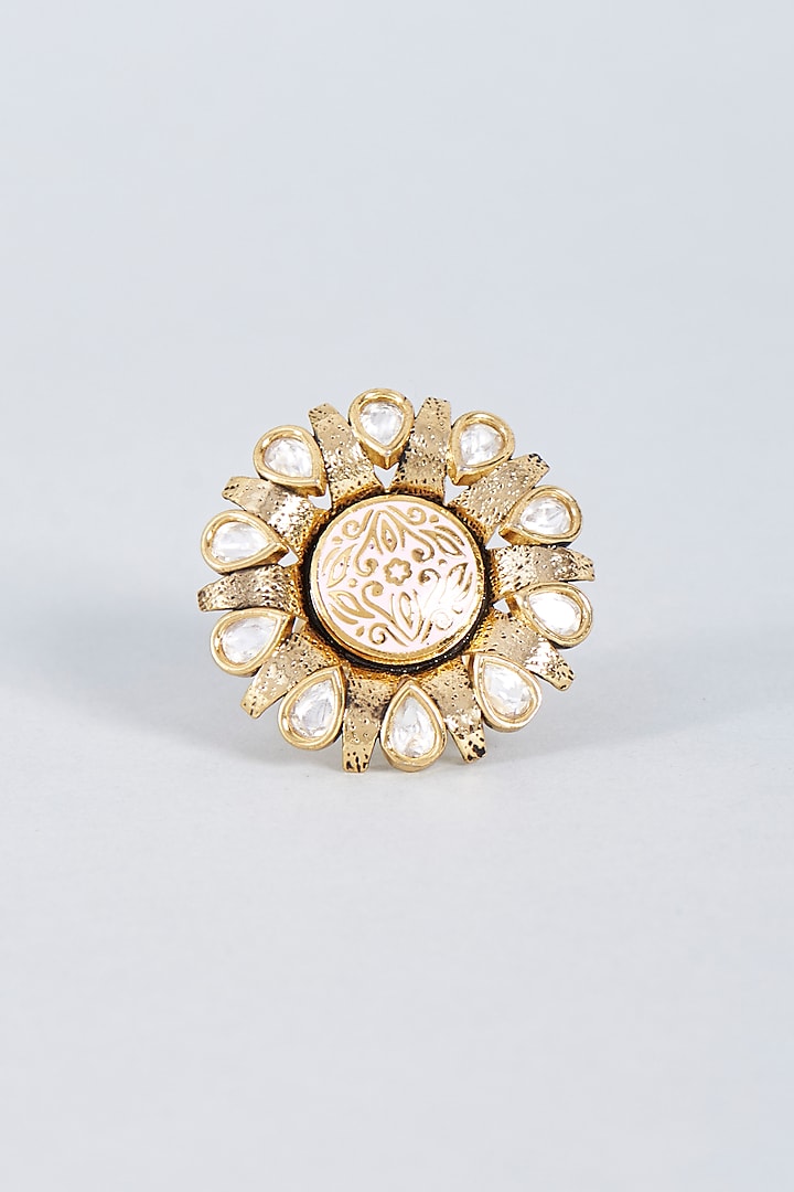 Gold Finish Meenakari & Kundan Polki Ring by Prihan Luxury Jewelry