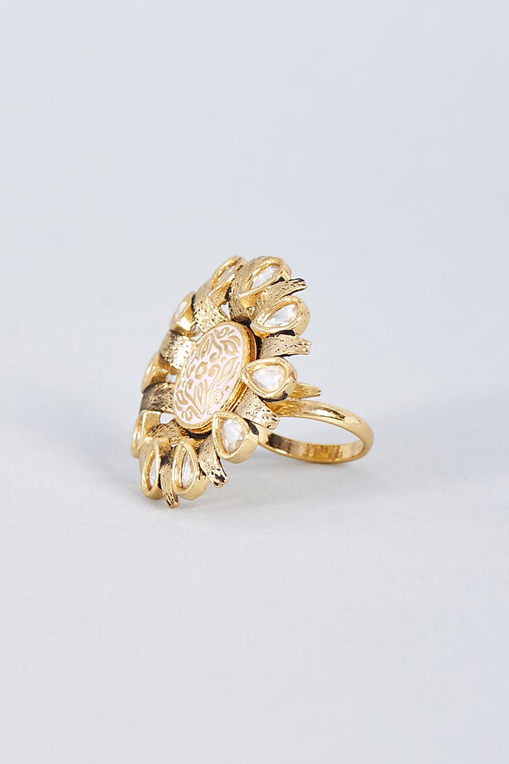 Gold Finish Meenakari & Kundan Polki Ring by Prihan Luxury Jewelry at Pernia's Pop Up Shop