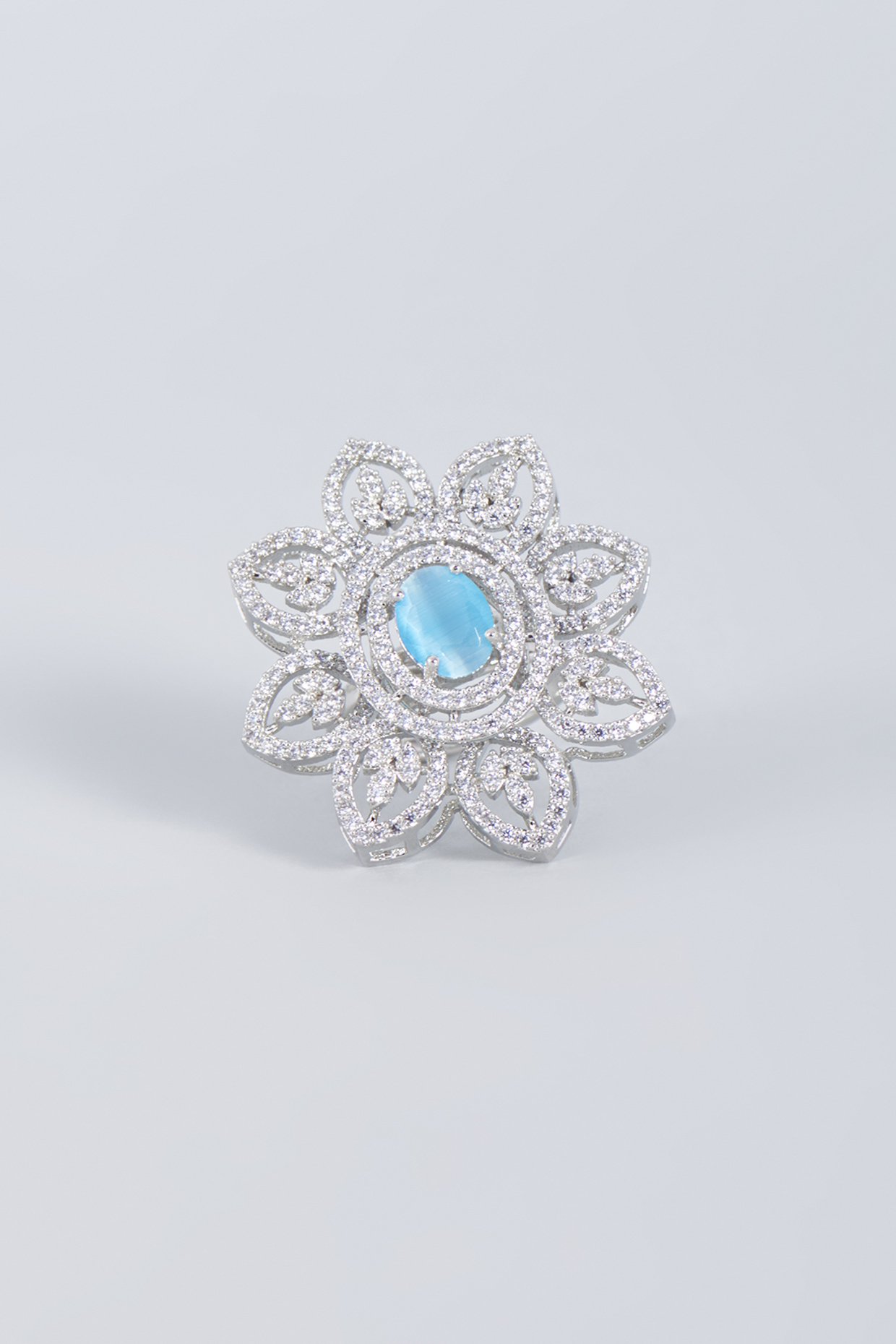 Gold Finish Aqua Stone Floral Ring by Prihan Luxury Jewelry