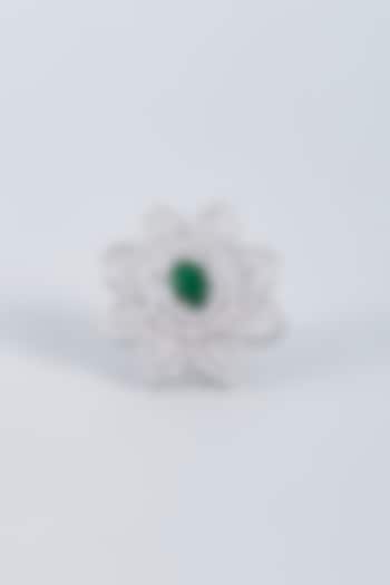 White Finish Emerald Stone Floral Ring by Prihan Luxury Jewelry