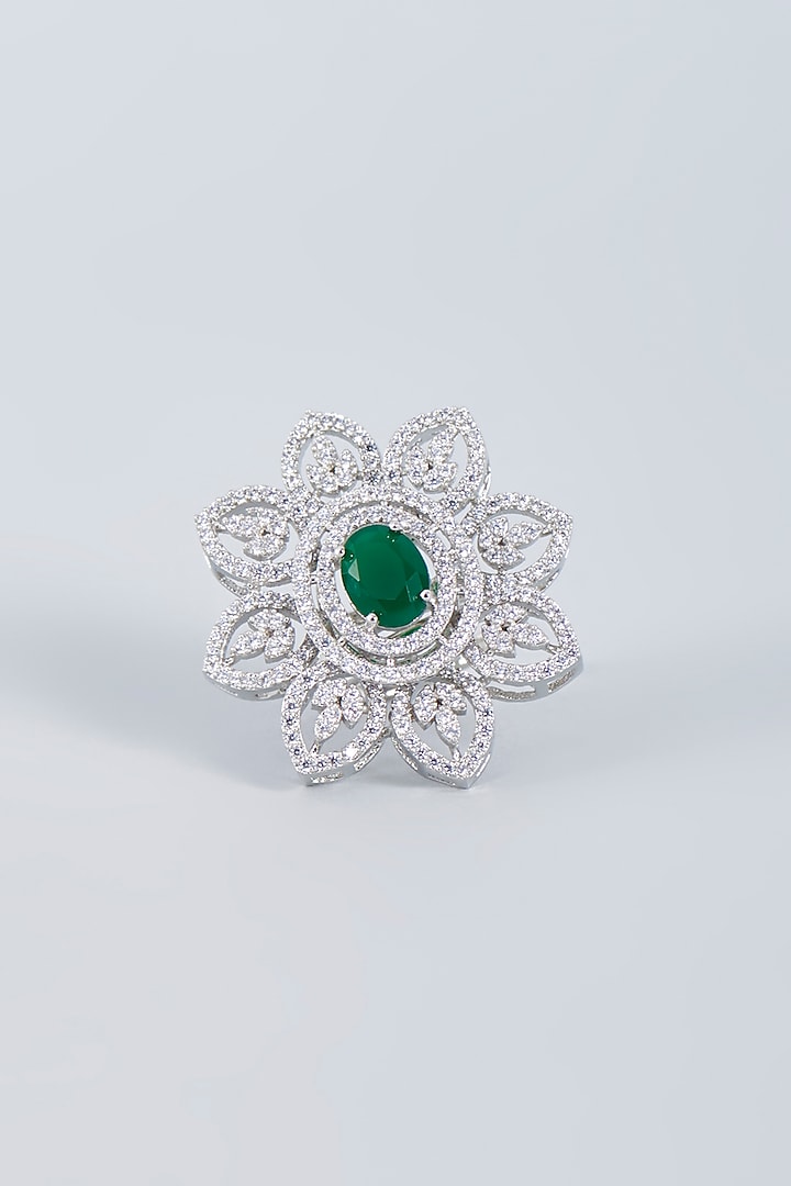 White Finish Emerald Stone Floral Ring by Prihan Luxury Jewelry