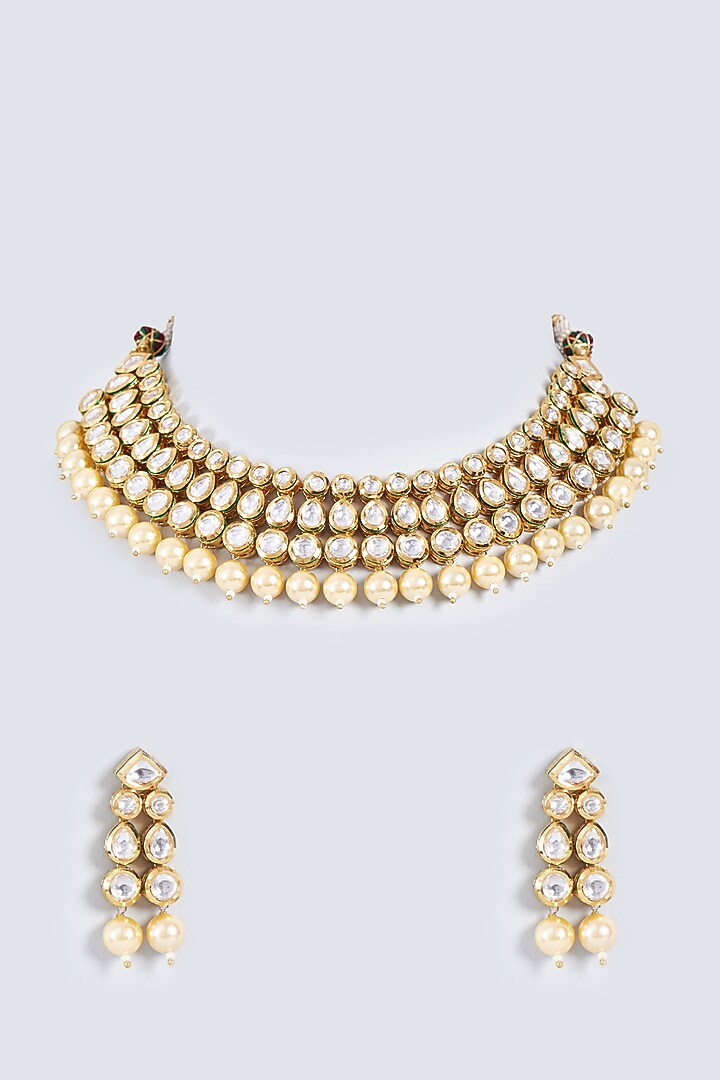 Gold Finish Pearl & Kundan Polki Necklace Set by Prihan Luxury Jewelry at Pernia's Pop Up Shop