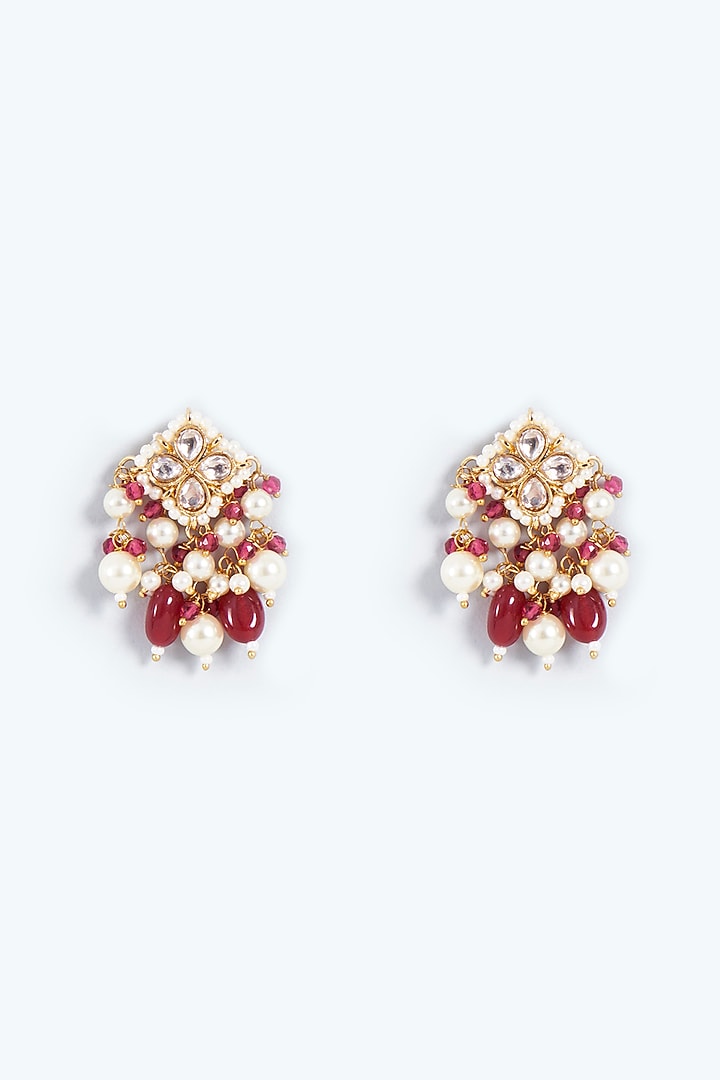 Gold Finish Stud Earrings With Ruby Drops by Prihan Luxury Jewelry at Pernia's Pop Up Shop
