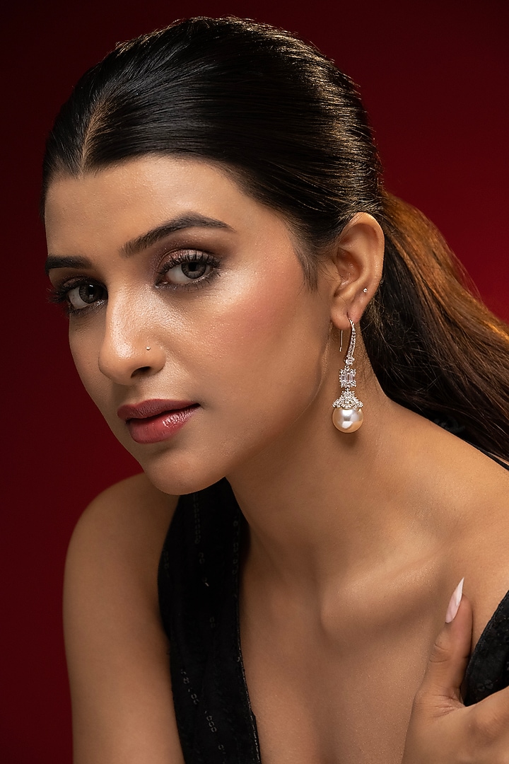 White Finish Pearl & Zircon Dangler Earrings by Prihan Luxury Jewelry at Pernia's Pop Up Shop