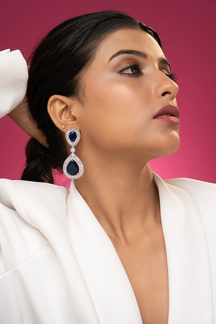 White Finish Blue Sapphire Stone & Zircon Dangle Earrings by Prihan Luxury Jewelry at Pernia's Pop Up Shop