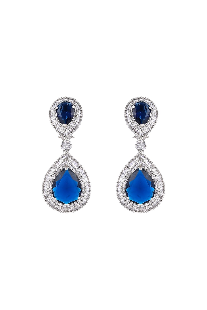 White Finish Blue Sapphire Stone & Zircon Dangle Earrings by Prihan Luxury Jewelry at Pernia's Pop Up Shop