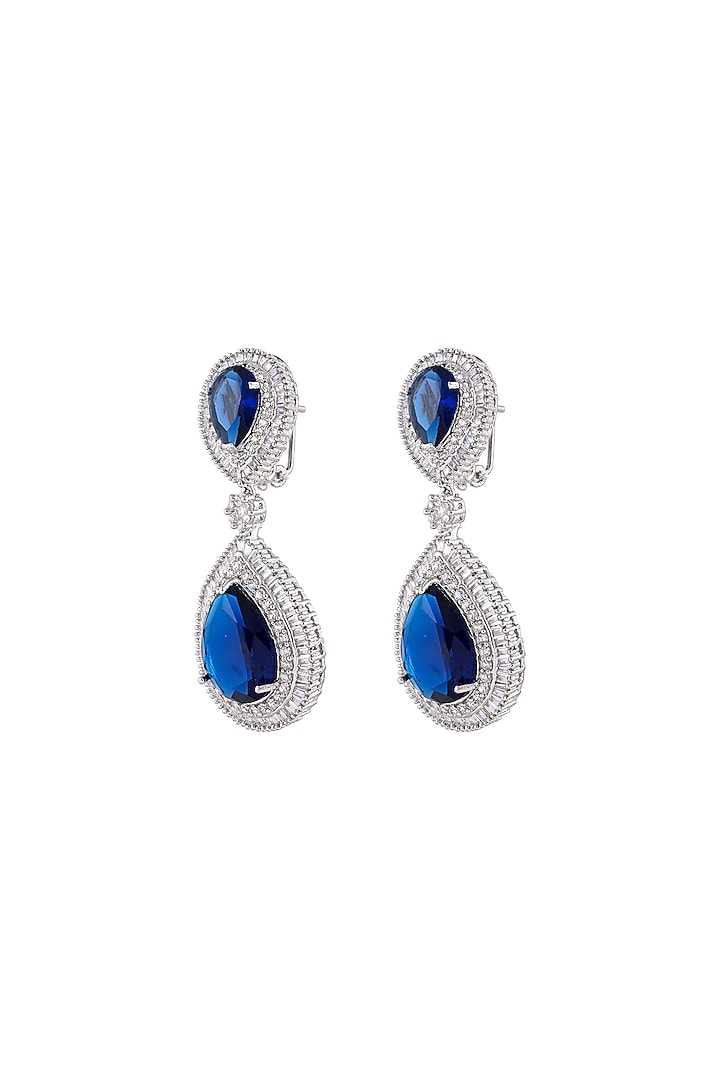 White Finish Blue Sapphire Stone & Zircon Dangle Earrings by Prihan Luxury Jewelry at Pernia's Pop Up Shop