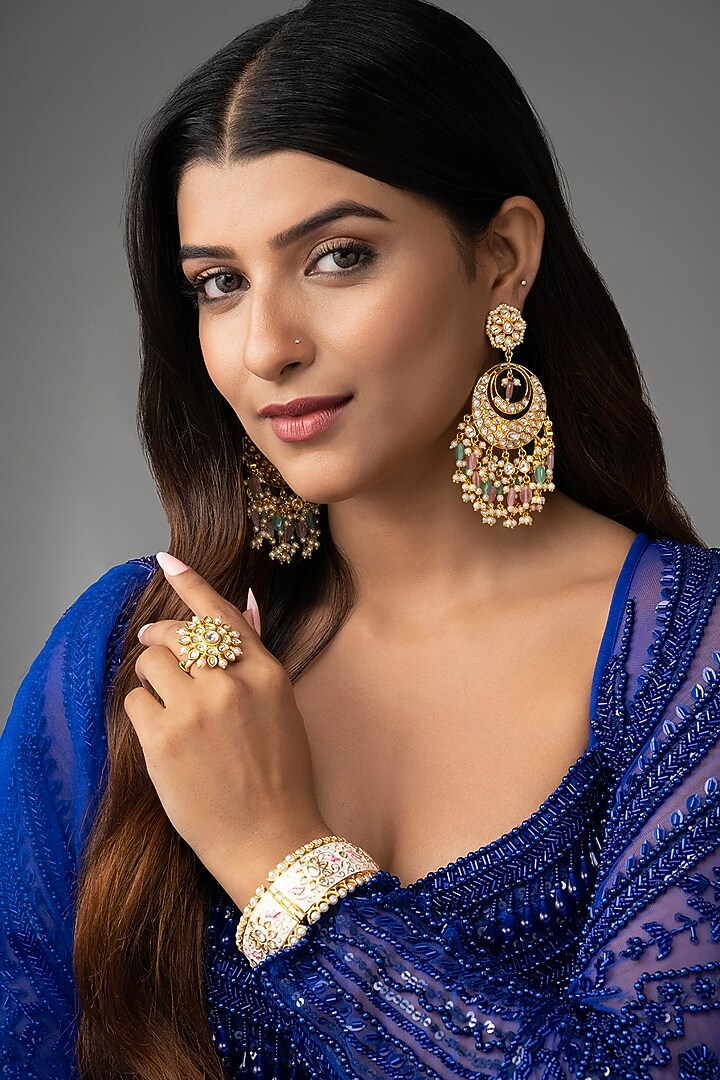 Gold Finish Kundan Polki & Beaded Chandbali Earrings by Prihan Luxury Jewelry at Pernia's Pop Up Shop